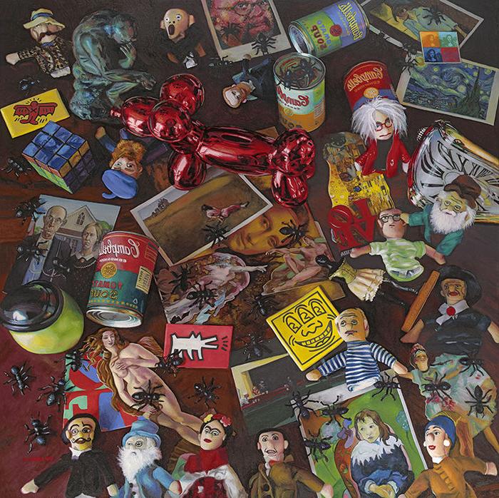 A still life painting by Steve Scheuring, 显示明信片, 罐头汤, dolls and other assorted objects scattered on a tabletop